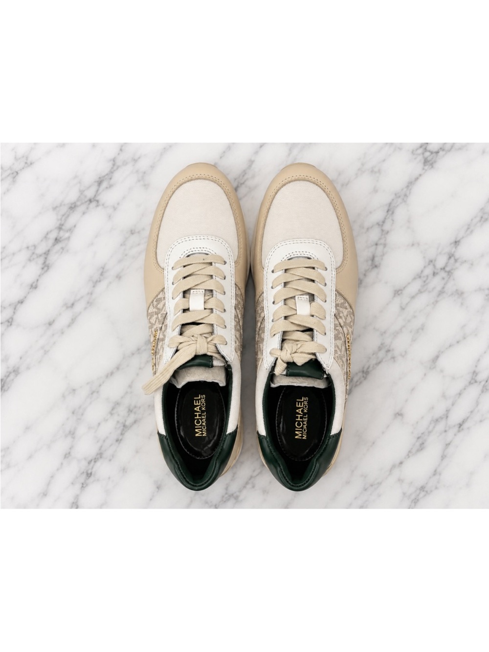 Michael Kors Allie Trainer Sneakers Vanilla MK Logo/Gold/Green | Women’s Size 7 - Picture 4 of 5